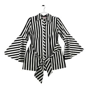 Mishca Striped Top Womens Small Bell Sleeve Button Up Blouse With Tie Waist‎